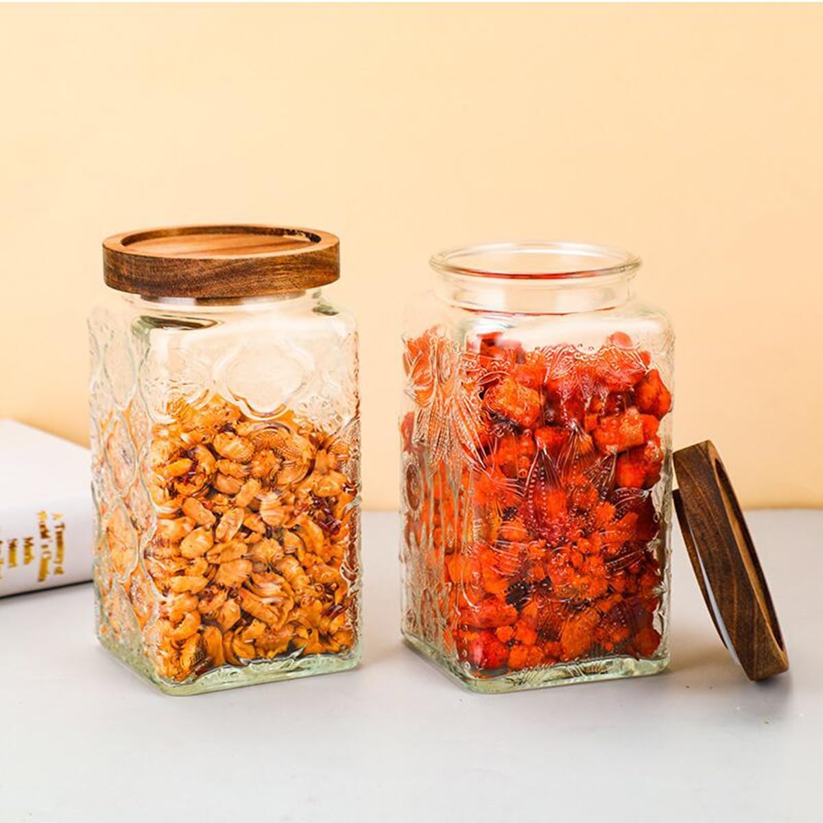 ANSQU Vintage Glass Storage Jar, Glass Canister Storage Jar Container with Airtight Wooden Lid for Kitchen Counter, Pantry, Coffee, Tea, Sugar, Cookie Jars (Square-Begonia)