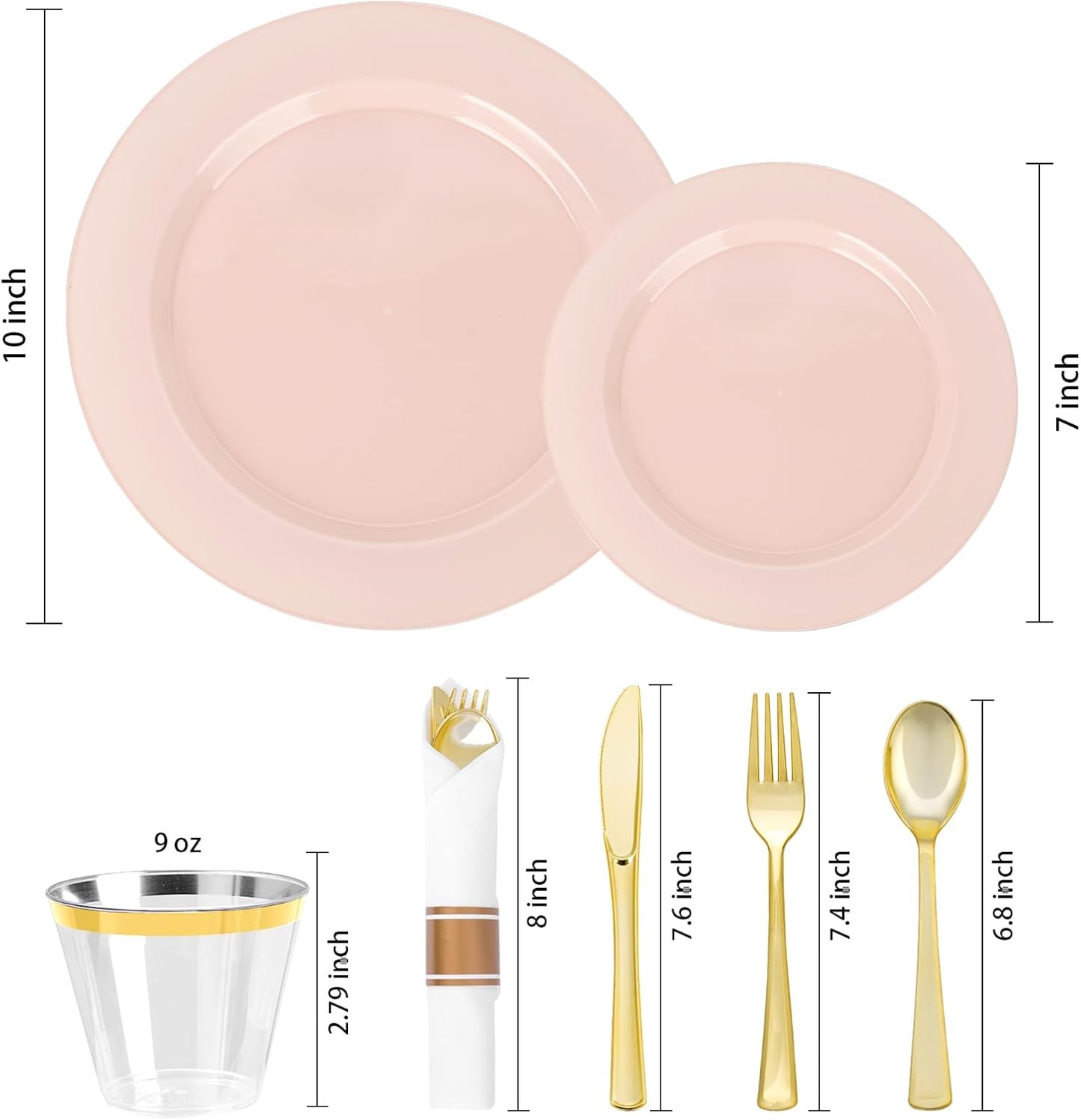350 PCS Pink Plastic Dinnerware Set for 50 Guests, 100 Disposable Plates for Party, 50 Pre Rolled Napkins with Gold Silverware, 50 Cups for Wedding, Graduation
