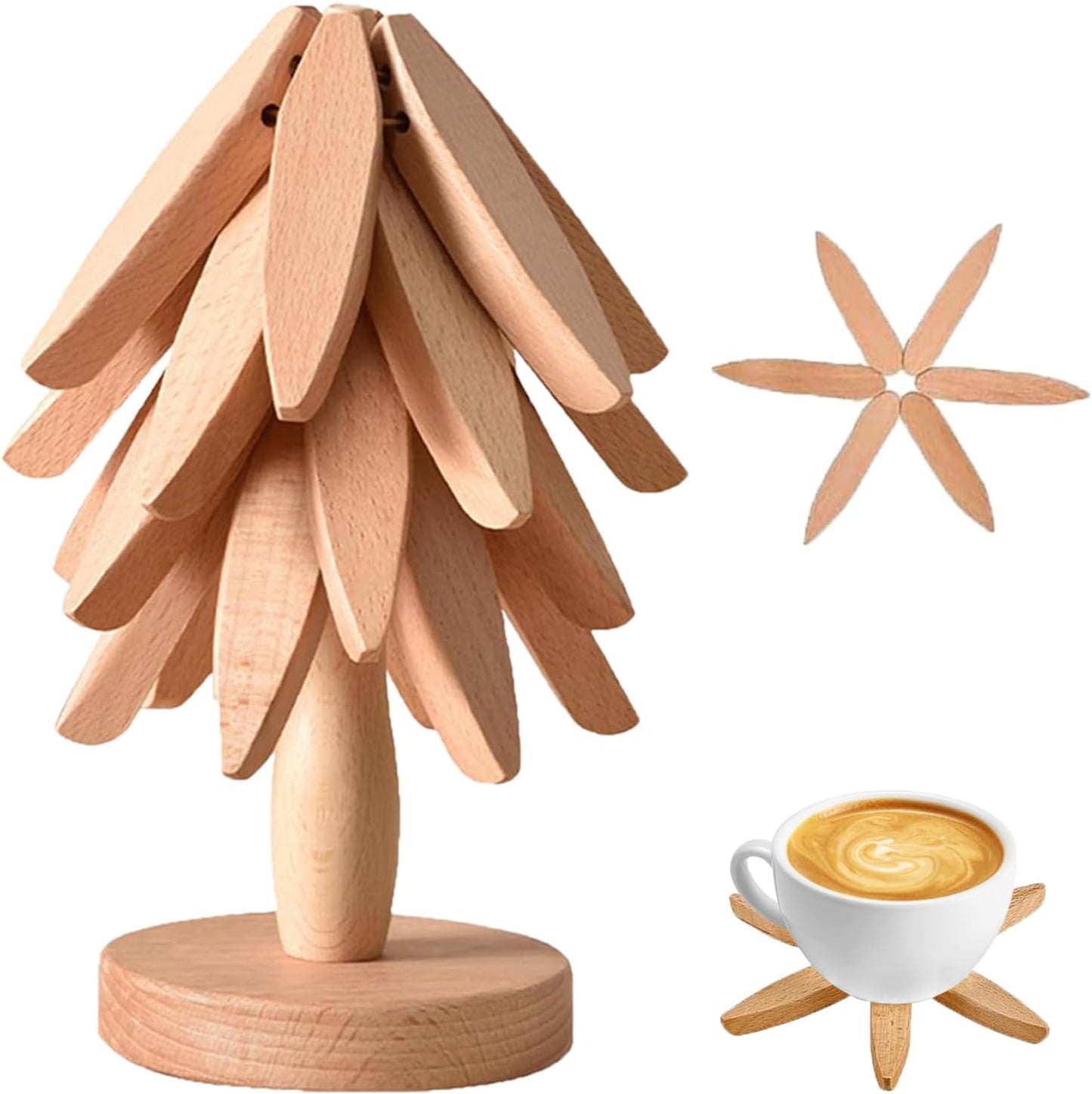 Wooden Trivets for Hot Dishes, Foldable Kitchen Trivet, Tree Shape Trivets Set - 4 Trivet & 1 Stand, for Hot Pots Pans, Teapots, Frying Pans, Decoration (Beech Wood)