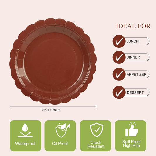 50Pcs Coffee Paper Plates-7 Inch Solid Color Scalloped Disposable Birthday Dinnerware Set Disposable Dinner Party Supplies for Christmas School Starts Wedding Baby Shower Fall Table Decor