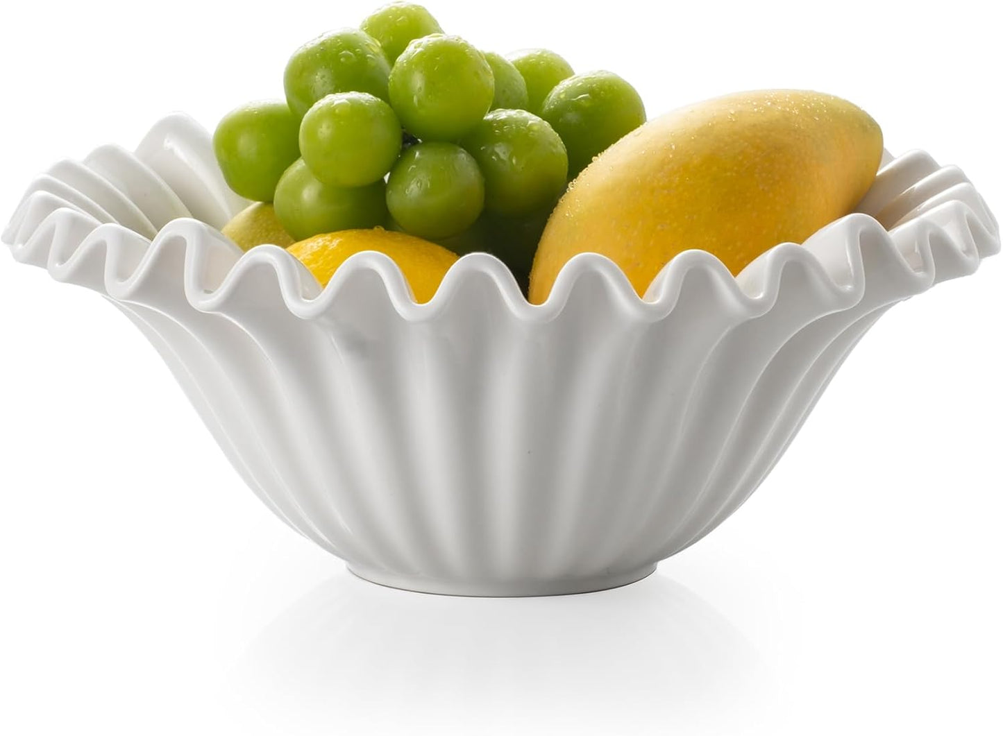 Large Decorative Bowl, 10 inches Porcelain Fruit Bowl for Kitchen Counter HandCrafted Ruffle Bowl for Home Decor Stylish Flower Dish for Party, White