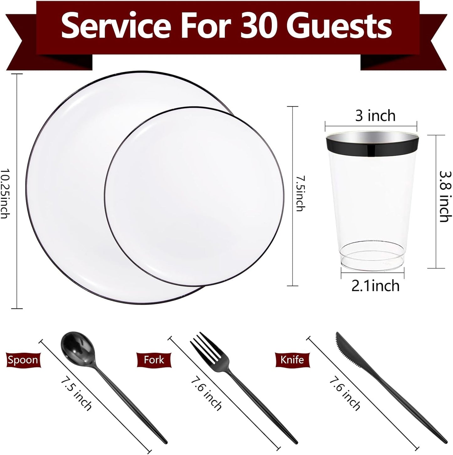 EI 180pcs White Plastic Dinnerware Set Include Black Disposable Silverware,Dinner and Dessert Plates,Cups,White Plastic Plates with Black Rim Perfect for Wedding,Birthday,Halloween,Partys,Service 30.