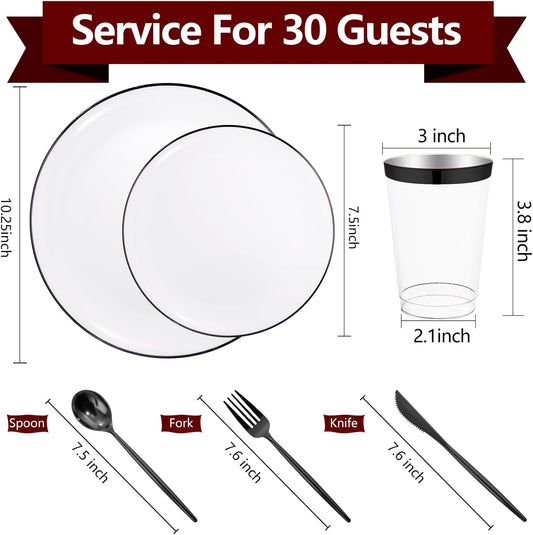 EI 180pcs White Plastic Dinnerware Set Include Black Disposable Silverware,Dinner and Dessert Plates,Cups,White Plastic Plates with Black Rim Perfect for Wedding,Birthday,Halloween,Partys,Service 30.