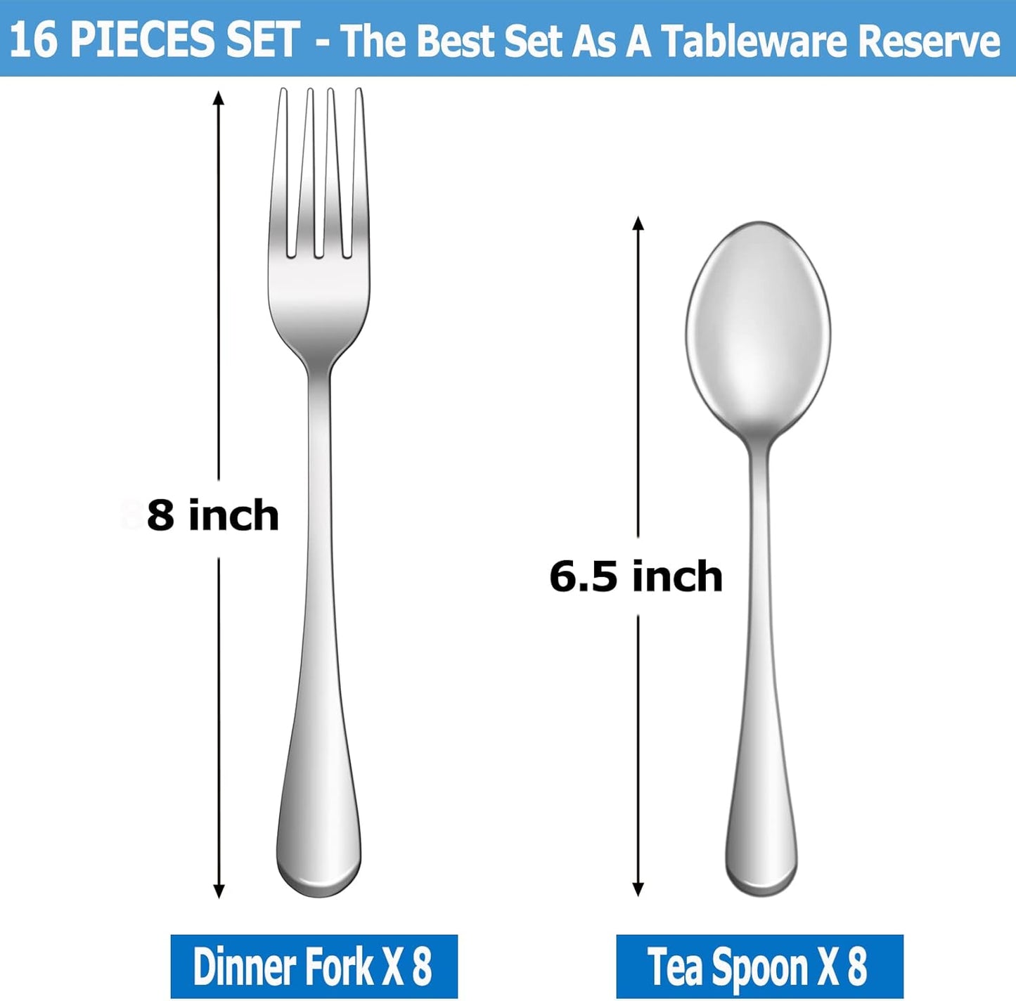 16 Pcs Forks and Spoons Silverware Set,Food Grade Stainless Steel Flatware Cutlery Set for Home,Kitchen and Restaurant,Mirror Polished,Dishwasher Safe - 8 Dinner Fork(8 inch) and 8 Teaspoon(6.5 inch)
