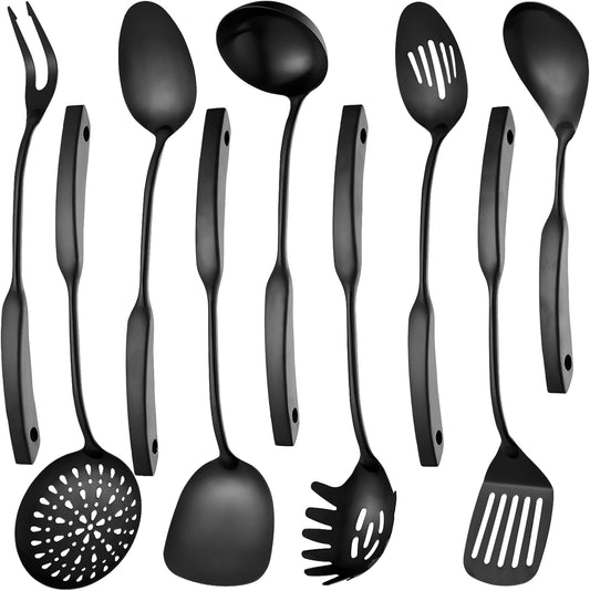 9PCS Silverware Set for 304 Stainless Steel Kitchen Utensils Set Cooking Utensil Set, 15 Inches All Metal Cooking Tools Wok Kitchen Cookware Set with Spatula Useful Pots and Pans Accessories