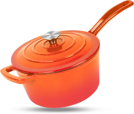 Enameled Cast Iron Sauce Pan, 2 Quarts Round Sauce Pot with Lid, Mini Dutch Oven Enamel Saucepan for Cooking Pasta Sauce, Marinate, Cook, Refrigerate and Serve, Flame Orange