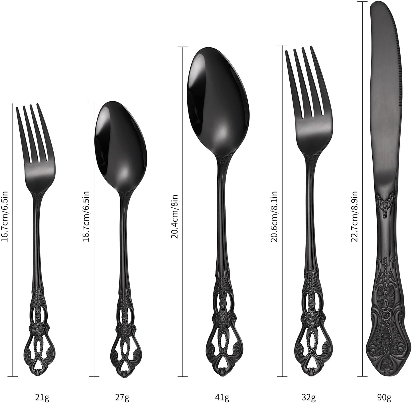 Black Silverware Royal Flatware Set for 4 Stainless Steel Cutlery Retro Antique Kitchen Utenisl with Flower Design Handle for Resturant Home Festival Parties