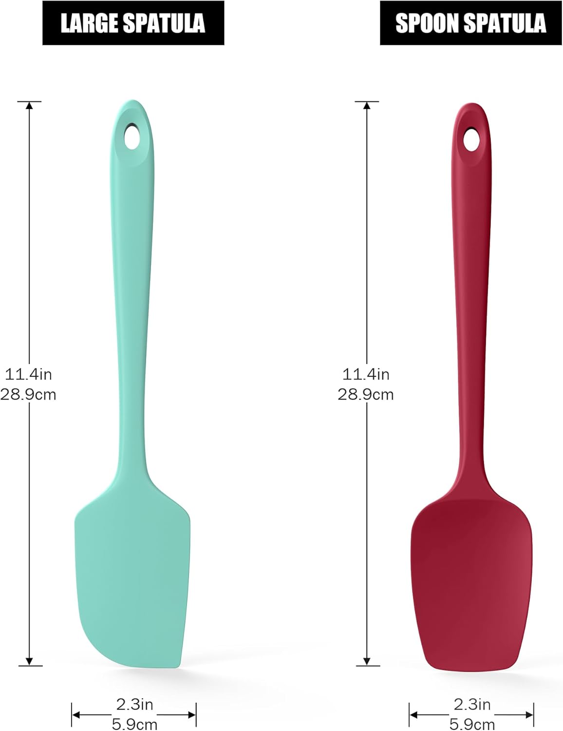 Doosu Silicone Scraper Spoon Spatulas, 600°F Heat Resistant BPA Free Rubber Flat Spatula, Kitchen Mixing Stirring Cooking Spoonula, Non-Stick Dishwasher Safe Baking Supplies (2 Pcs, Aqua+Red)