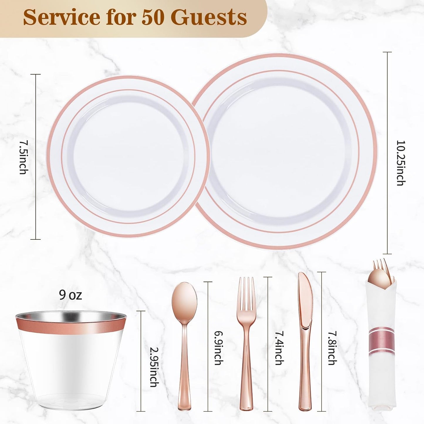 BESTVIP 175PCS Rose Gold Plastic Dinnerware Set, Disposable Party Plates for 25 Guests, Include: 50 Plastic Plates, 25 Pre Rolled Napkins with Rose Gold Silverware, 25 Cups for Christmas, Halloween