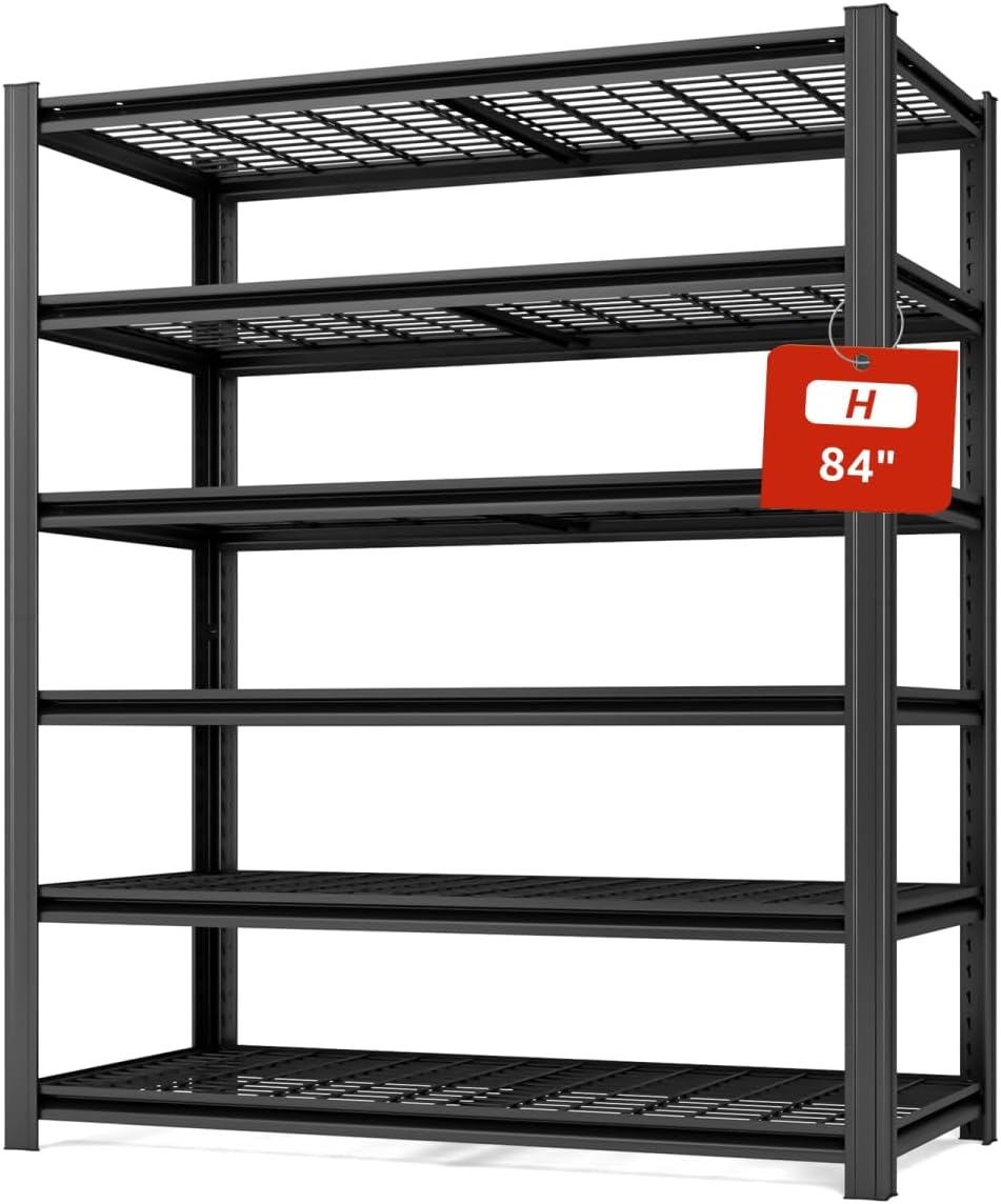 55.12" W Father&I 6-Shelf Industrial Adjustable Heavy-Dudy Tall Metal Garage Storage Shelves Shelving Units/Steel Wire Rack System (Commercial) for Basement/Shop, 84" H*55.12" W*24" D*, Black