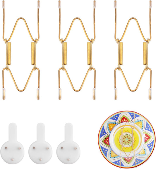 3 Pack Plate Hangers for The Wall Suitable for 4-5 inch Small Decorative Plate, Invisible Stainless Steel Plate Hangers for Display with Wall Hooks, for Plates/Platter/Dish/Picture(Gold)
