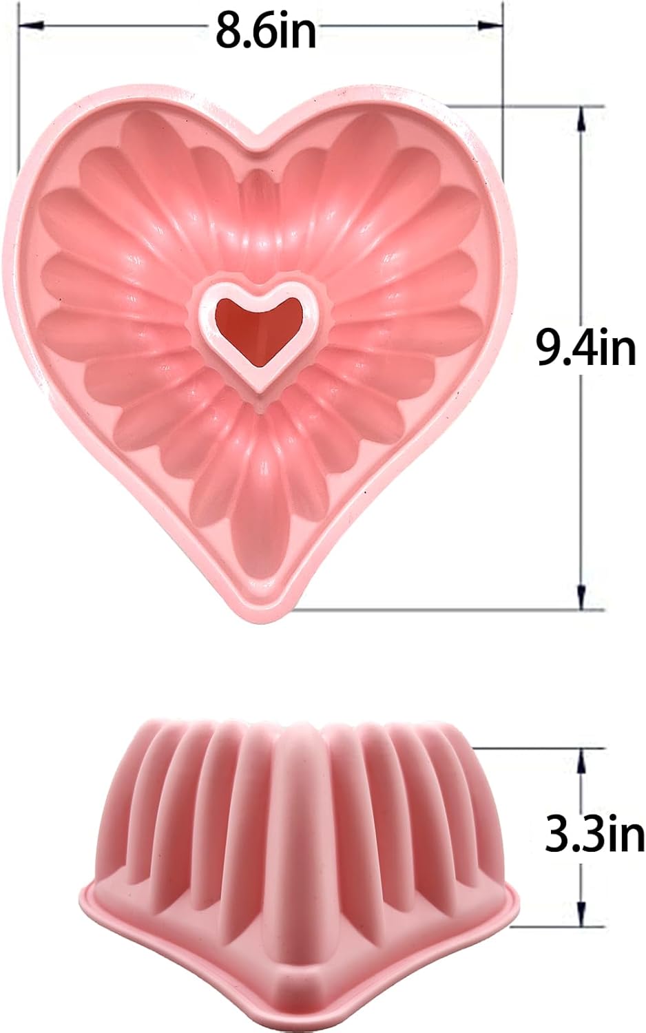 Kundalini Heart Shaped Cake Pan, 2PCS 9 Inch Heart Fluted Tube Cake Pans, Nonstick Silicone Cake Molds for Making Wedding, Valentine's Day and Family Cakes