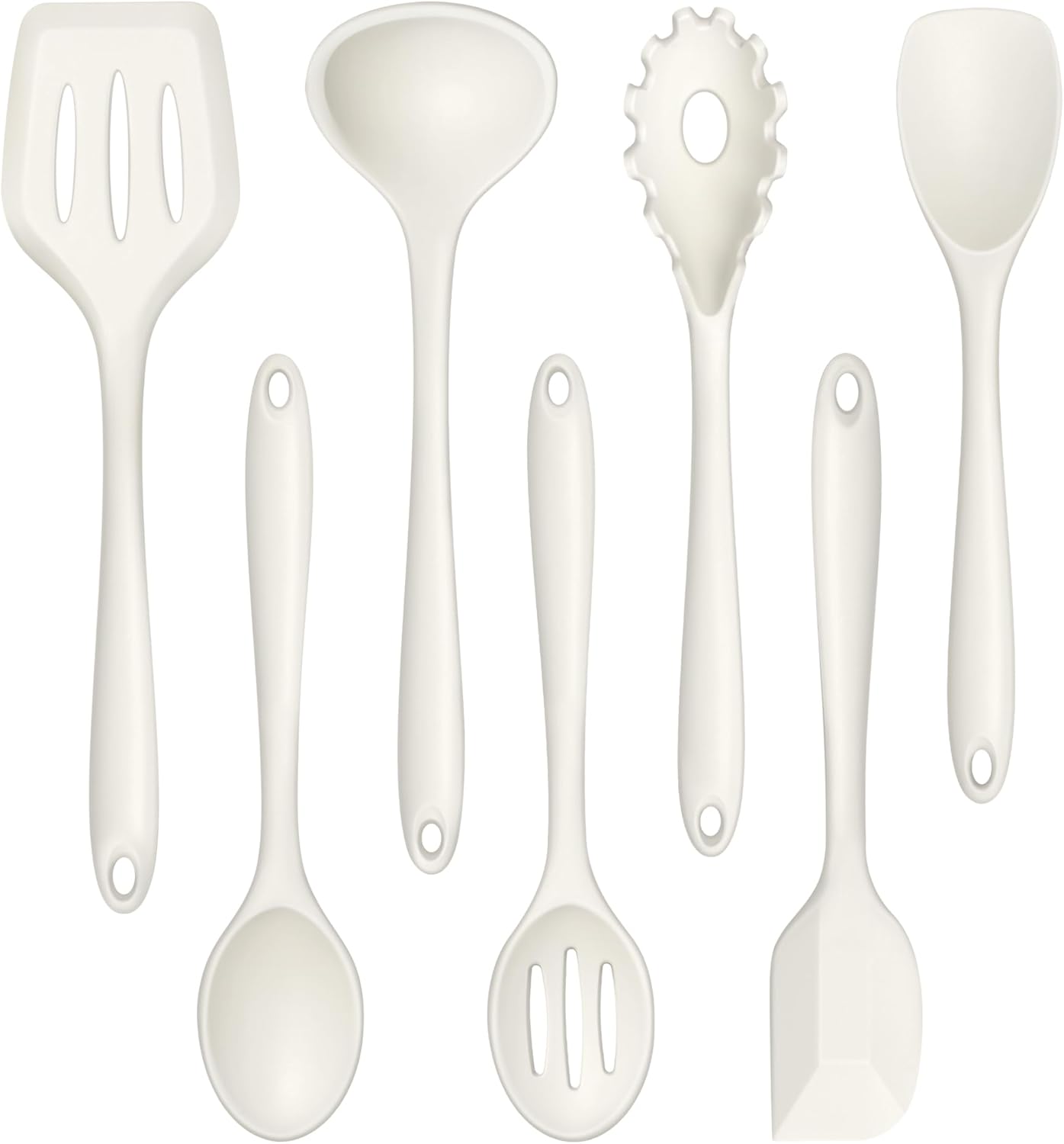 TeamFar Silicone Cooking Utensils Set, 7-Piece Heat Proof Kitchen Utensils Set, Kitchen Tools Spatula Turner Ladle Spoon Pasta Fork for Nonstick Cookware, Non-Toxic & Dishwasher Safe, White