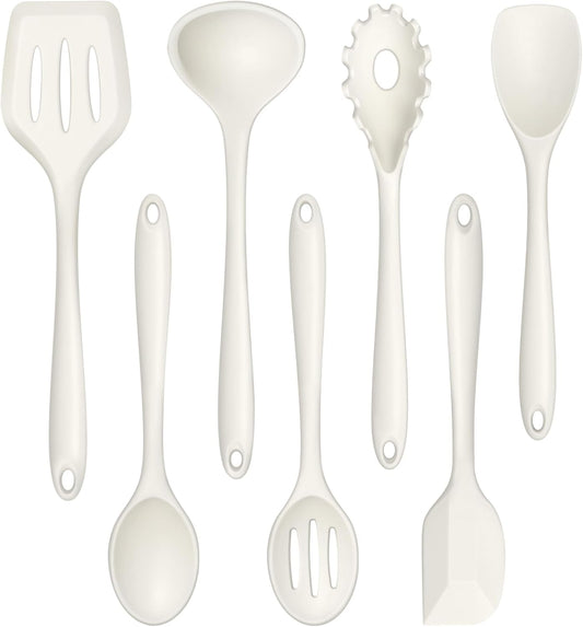 TeamFar Silicone Cooking Utensils Set, 7-Piece Heat Proof Kitchen Utensils Set, Kitchen Tools Spatula Turner Ladle Spoon Pasta Fork for Nonstick Cookware, Non-Toxic & Dishwasher Safe, White