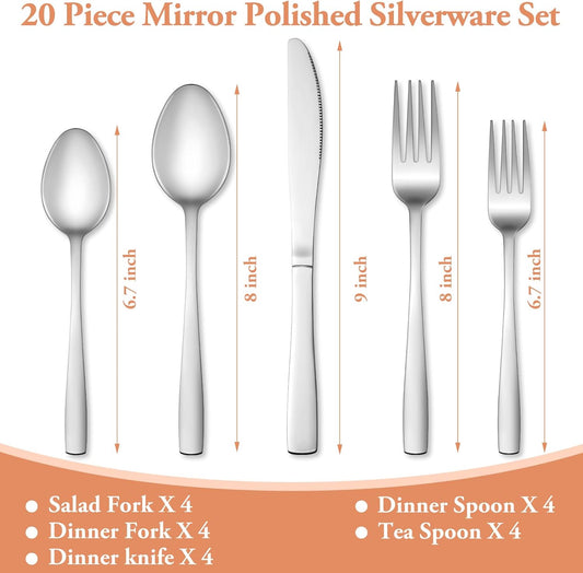 20 Pcs Silverware Set, Stainless Steel Flatware Set for 4, Food-Grade Cutlery Set, Mirror Polished Tableware Eating Utensils Set for Home Kitchen, Include Knife Fork Spoon Set, Dishwasher Safe