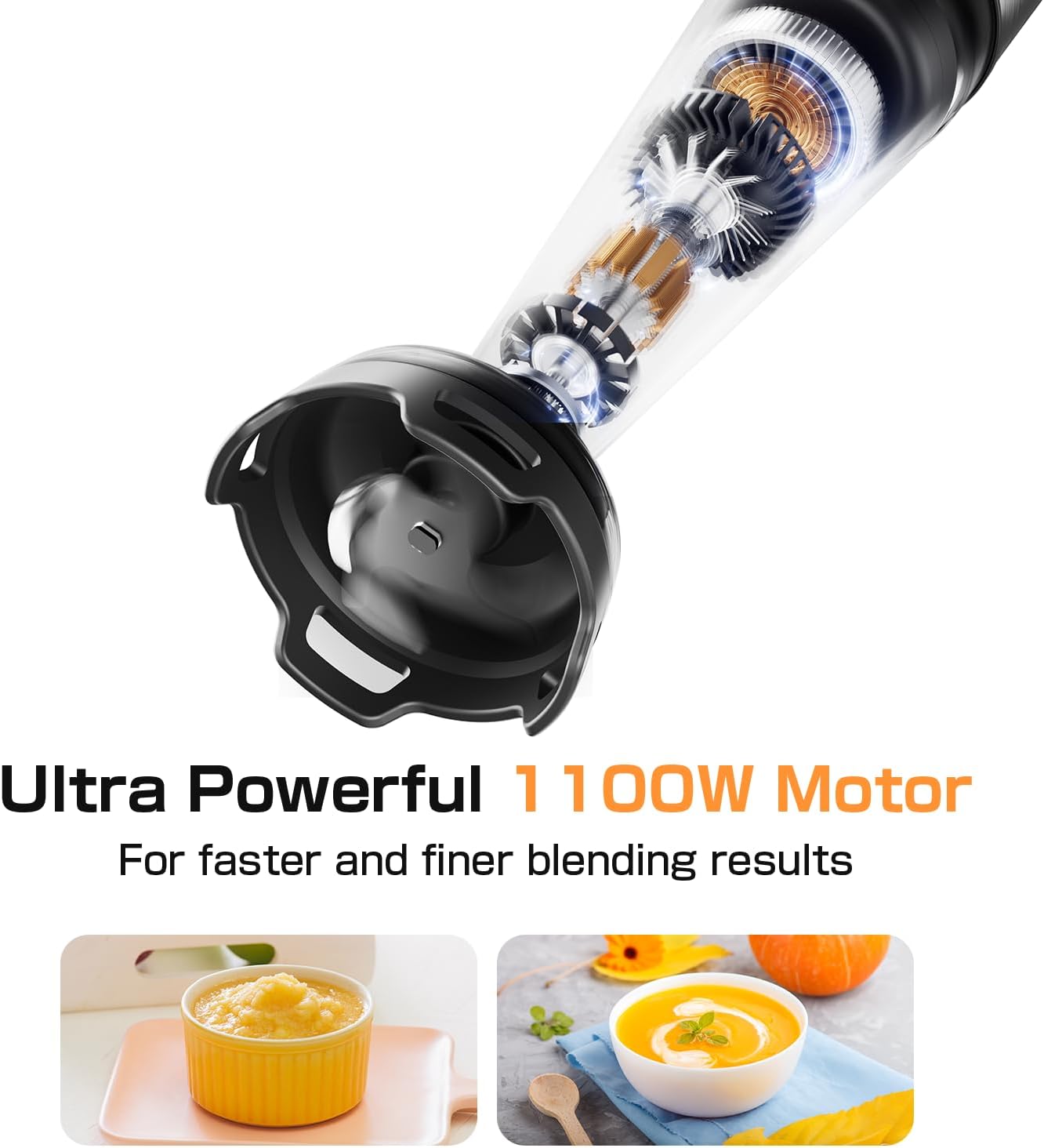 Immersion Blender Handheld 1100W - 3 in 1 Hand Blenders Set with Trigger Speed Control Stainless Steel Emulsion Stick with Whisk and Milk Frother, Emulsifier for Kitchen for Soup, Smoothie, Puree