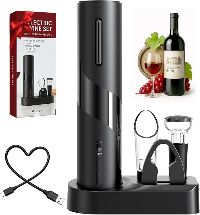 Rechargeable Electric Wine Bottle Opener, 5-in-1 Automatic Wine Opener Set, Electric Wine Opener with Foil Cutter, Wine Pour, Wine Stopper and Storage Base