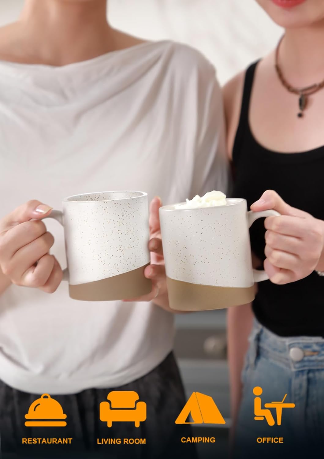 Nucookery 16 oz Large Ceramic Coffee Mugs - Coffee Mugs Set of 2, Modern and Boho Style Coffee Cups for Latte, Cappuccino, Hot Tea, Dishwasher & Microwave Safe, White