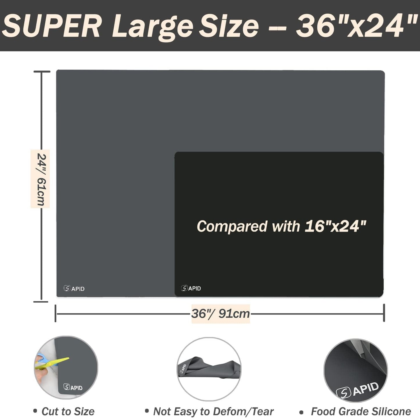 Extra Large Silicone Mat 36" x 24" Place Mats, Heat Resistant Mat for Kitchen Countertop Protector, Thick Placemats Washable Silicone Mats for Kitchen Counter Mat Dining Table Mat, Darkgrey, Sapid