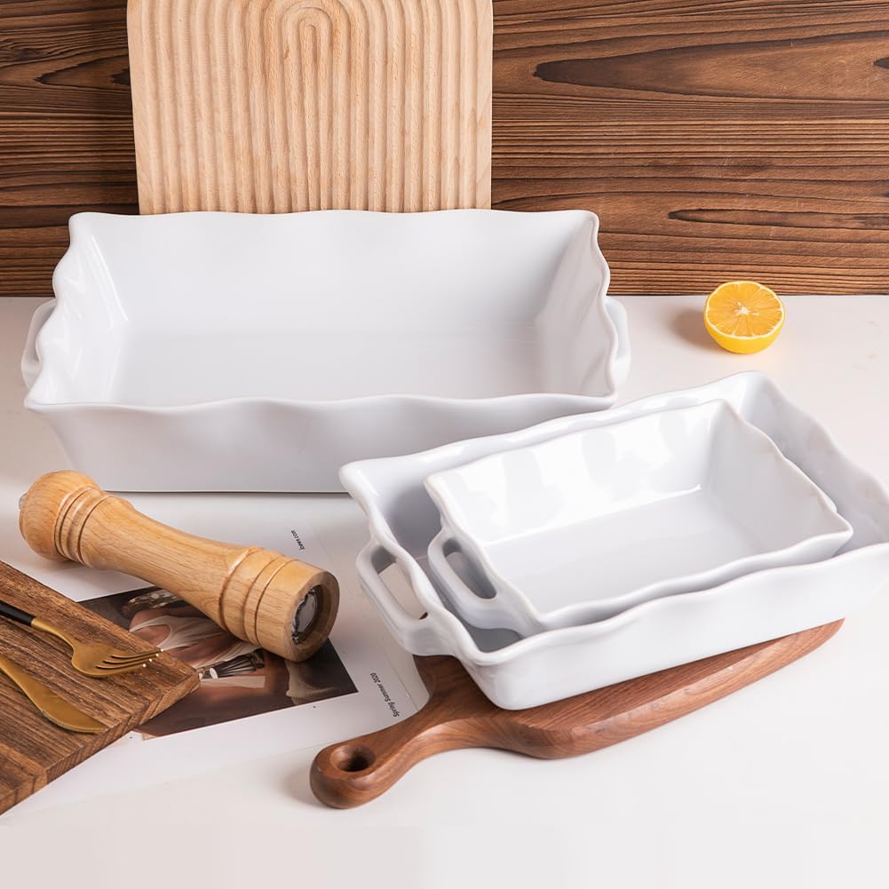 Sweejar Casserole Dishes for Oven, Ceramic Bakeware Set of 4, Rectangular Baking dish with Handles, Wave Edge Lasagna Pan Deep for Cooking, Cake, Dinner, Banquet and Daily Use (White)