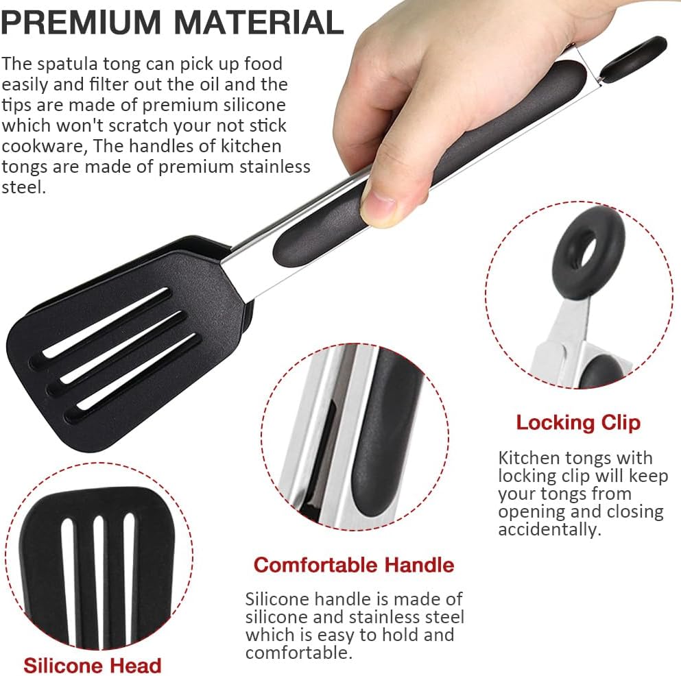 9 Inch Small Kitchen Tongs Set of 3, Silicone Cooking Tongs with Silicone Tips and Stainless Steel Handle, Tongs for Cooking, Serving