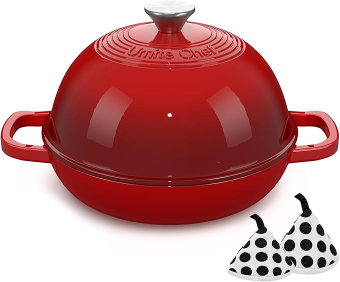 Enamelled Cast Iron Dutch Oven Pot – Dutch Oven Pot with Lid For Sourdough Bread Baking – Cast Iron Bread Oven – Red, Umite Chef 6QT Pot with Lid & Cotton Potholders