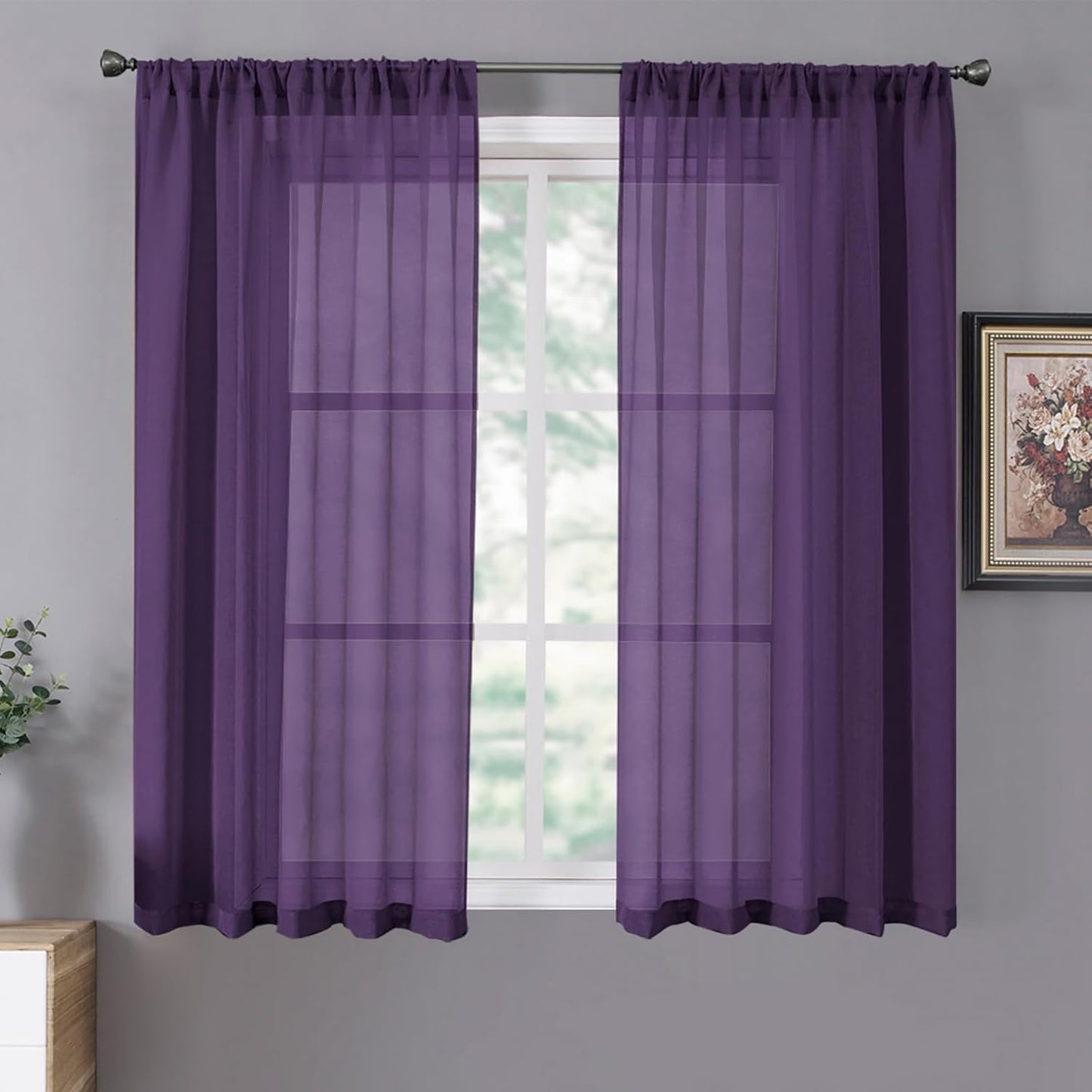 Tollpiz Sheer Curtains Linen Textured Bedroom Curtain Sheers Light Filtering Rod Pocket Voile Curtains for Living Room, 54 x 63 inches Long, Royal Purple, Set of 2 Panels