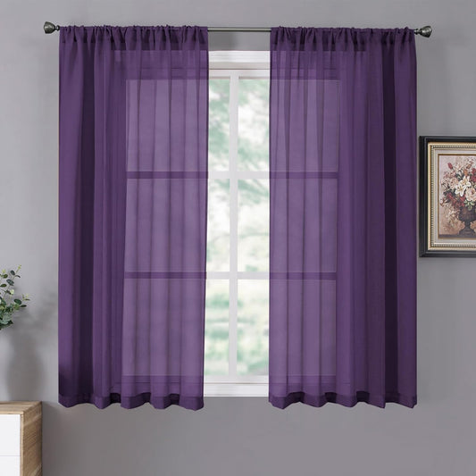 Tollpiz Sheer Curtains Linen Textured Bedroom Curtain Sheers Light Filtering Rod Pocket Voile Curtains for Living Room, 54 x 63 inches Long, Royal Purple, Set of 2 Panels