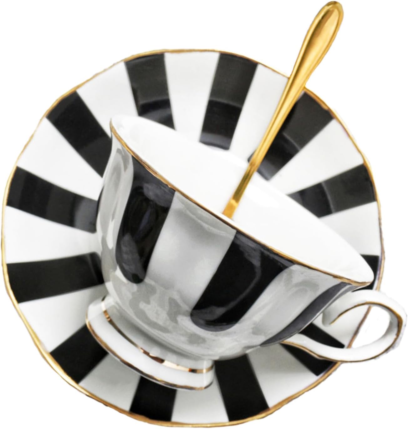 3-Piece Checkered Coffee Cup and Saucer Set with Spoon, 7oz Bone China Porcelain, Black-and-White Vintage Mug Set for Home Office and Afternoon Tea, Elegant Gift Choice