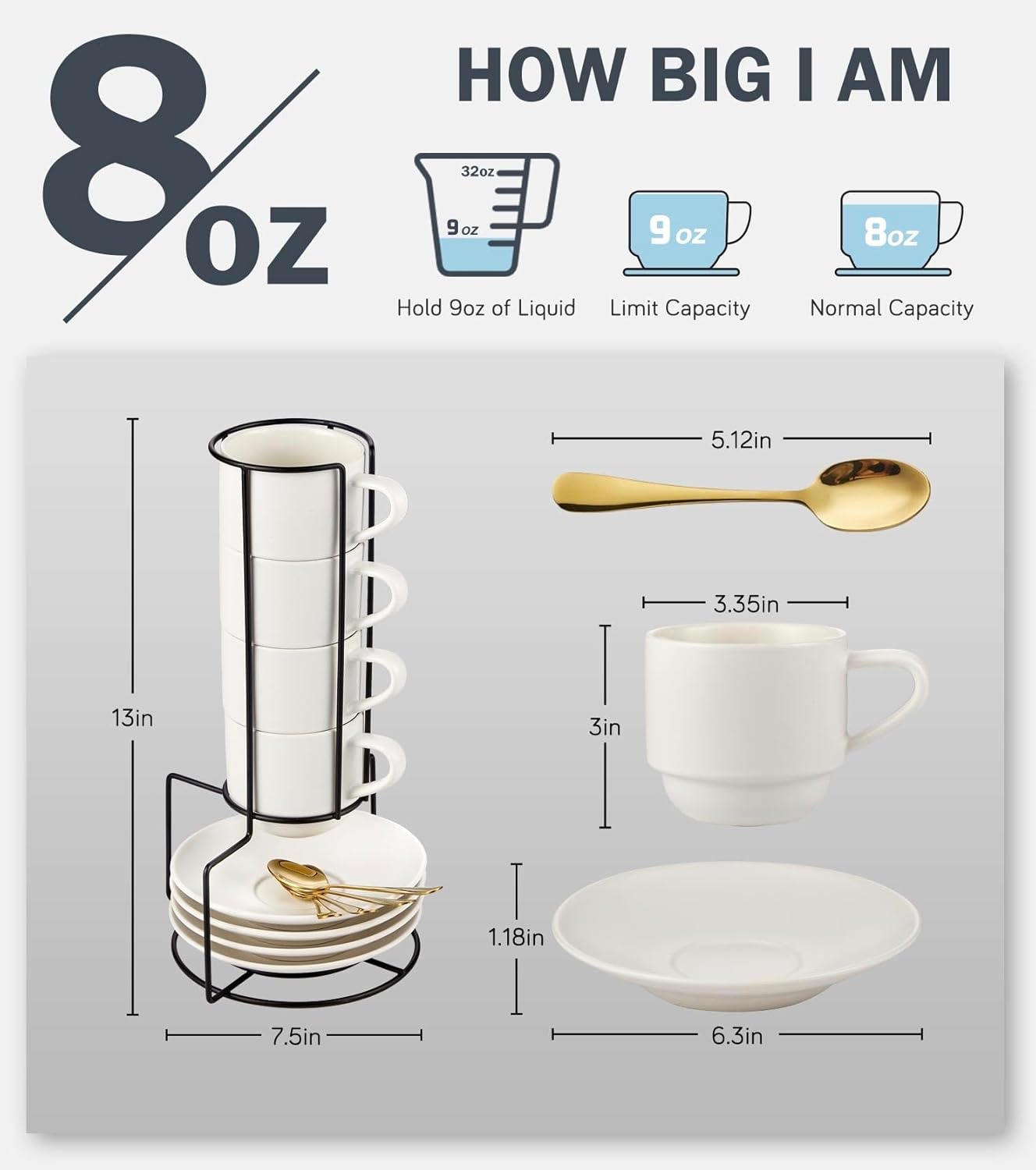 Lareina 8 Ounce Porcelain Cappuccino Cups Set of 4, Stackable Coffee Cups with Saucers, Spoons and Metal Stand -for Specialty Coffee Drinks, Cappuccino, Latte, Americano and Tea, White