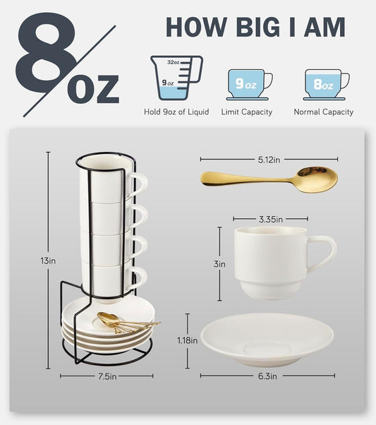 Lareina 8 Ounce Porcelain Cappuccino Cups Set of 4, Stackable Coffee Cups with Saucers, Spoons and Metal Stand -for Specialty Coffee Drinks, Cappuccino, Latte, Americano and Tea, White