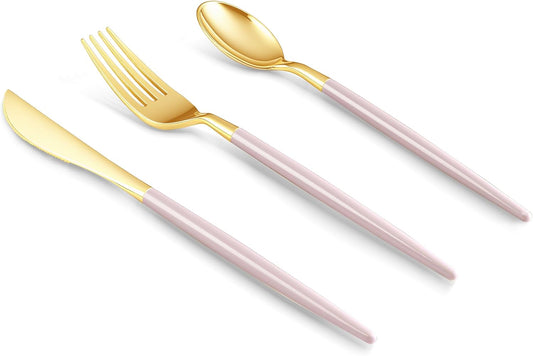 150 PCS Pink Gold Plastic Utensils for 50 Guests, Gold Disposable Silverware with 50 Knives, 50 Spoons and 50 Forks, BPA Free, Ideal for Weddings, Birthdays & Graduation