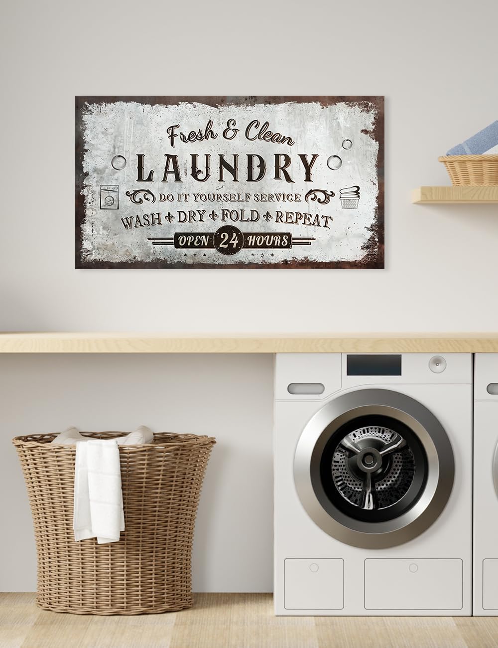 IPIC - Rustic Laundry Sign Wash Dry Fold Repeat, Canvas Print Wall Art for Family Laundry Room, Farmhouse Style Wall Decor For Home Decoration