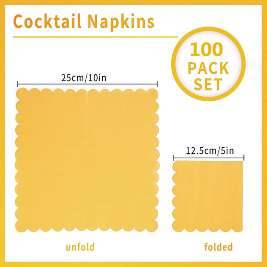 100 Pack Cocktail Napkin 2-Ply Scalloped Edged Dessert Napkins Folded 5 x 5 Inches Disposable Napkins for Dinner Wedding Birthday Party Bridal Anniversary Reception Event (Yellow)