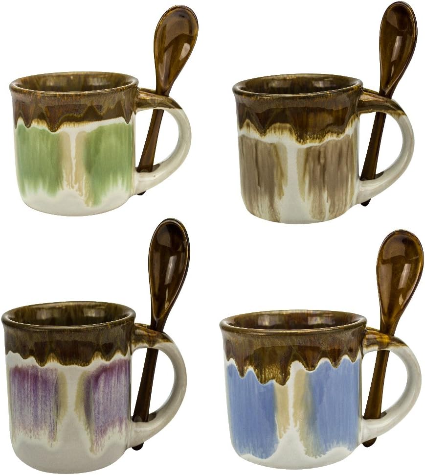 Glazed Ceramic Espresso Mugs Set of 4, Novelty 5 oz Coffee Cups with Spoons, Microwave and Dishwasher Safe