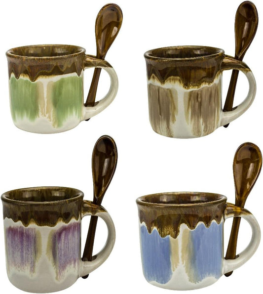 Glazed Ceramic Espresso Mugs Set of 4, Novelty 5 oz Coffee Cups with Spoons, Microwave and Dishwasher Safe