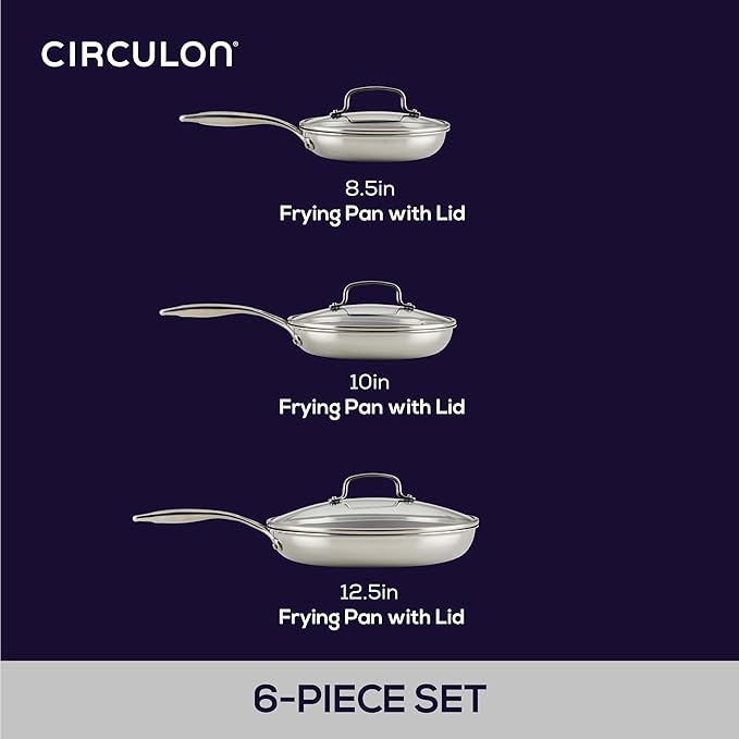 Circulon C1 Series Clad Stainless Steel with ScratchDefense Technology Cookware Nonstick Induction Frying Pans/Skillets with Lids, Metal Utensil Safe, 6 Piece Set - Polished Stainless Steel