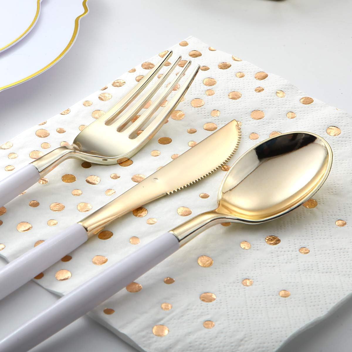 I00000 144Pcs Gold Plastic Silverware, Gold Plastic Utensils Set,Disposable Utensils Heavy Duty,Disposable Silverware Set Includes 48 Forks,48 Knives,48 Spoons for Party & Wedding