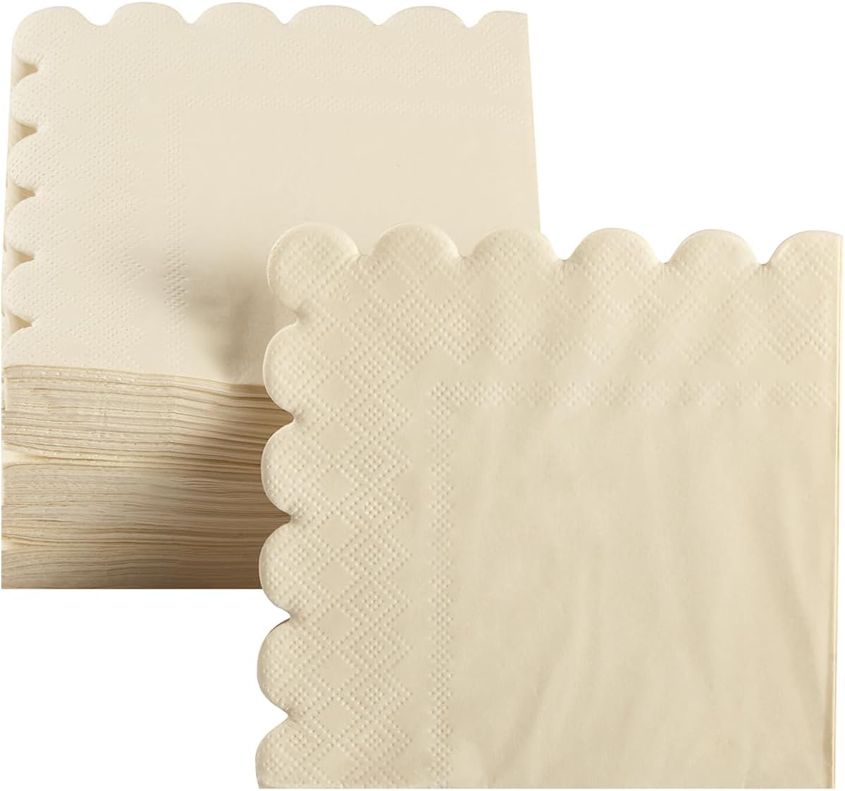 100 Pack Cocktail Napkin 2-Ply Scalloped Edged Dessert Napkins Folded 5 x 5 Inches Disposable Napkins for Dinner Wedding Birthday Party Bridal Anniversary Reception Event (Milky-White)