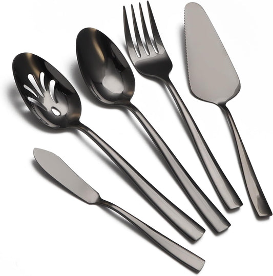 Large Hostess Serving Utensils Set, Stainless Steel Heavy Duty Serving spoons, Slotted Spoons, Serving Fork, Cake Server, Butter Knife, Dishwasher Safe (Black)