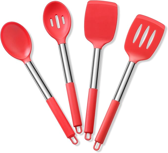 Cooking Utensils Set of 4, E-far Silicone Kitchen Utensils for Non-stick Cookware, Heat Resistant & Non-toxic Slotted Spatula Solid Spoon Turner for Flipping Mixing Serving Basting(Red)