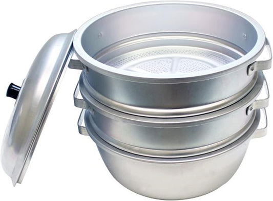 TrueCraftware- 11 3/8" x 12 1/2" Aluminum 3 Tier Steamer Set 1/8” hole size- Steamer for Cooking Pot Food Steam Pots with Lid for Cooking Vegetables Seafood Soups Stews and Pasta