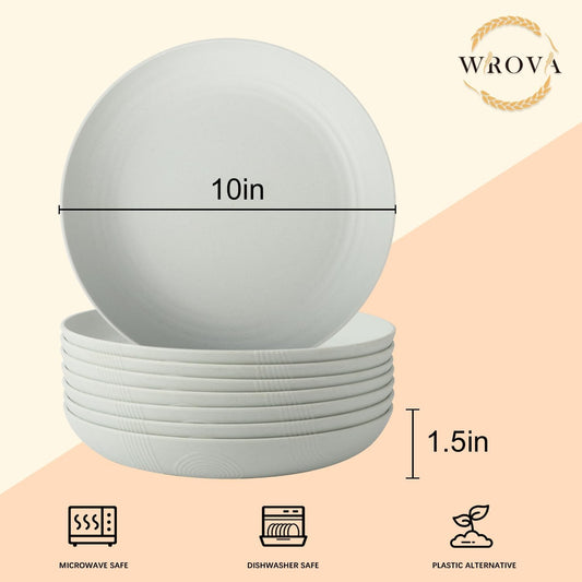 Wrova Wheat Straw Plates - 10 Inch Unbreakable Dinner Plates Set of 8 - Dishwasher & Microwave Safe Plastic Plates Reusable for Kitchen and Camping (Light Grey)