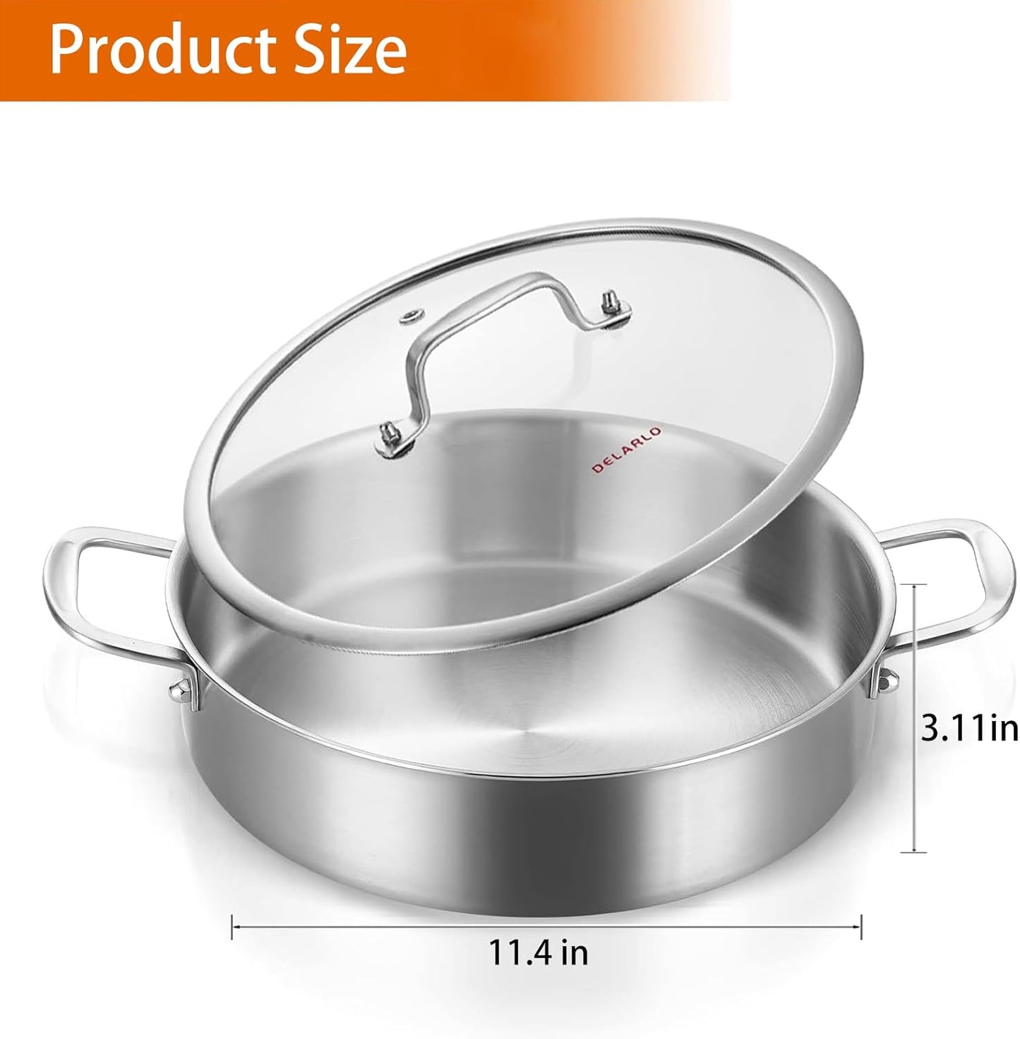 DELARLO Stainless Steel Pans,6QT Saute Pan,12 inch Everyday Pan with Lid,Dishwasher-Friendly Braiser,Stay-Cool Handles,Oven-Safe Up to 660℉