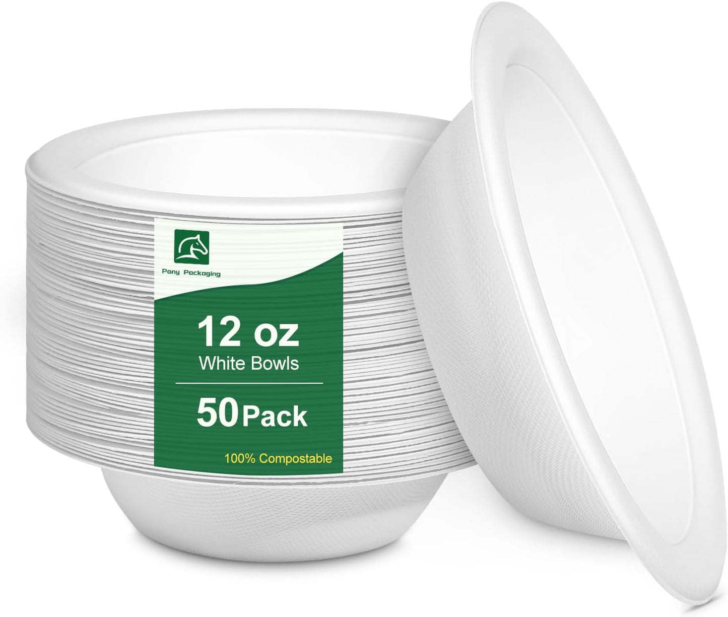 Paper Bowls 12oz, Disposable Bowls Heavy Duty, 50-Pack 100% Compostable Disposable Soup Bowl, Biodegradable Bagasse Paper Bowls Bulk for Party, Camping, Birthday, Festivals-White