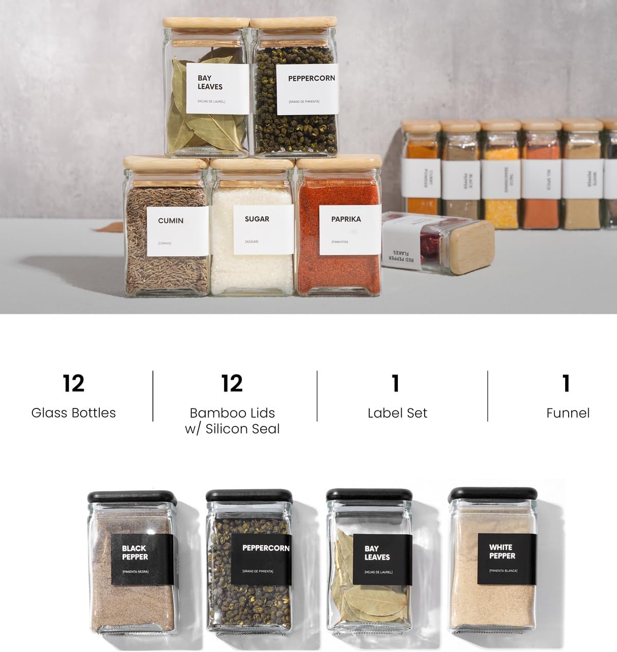 APT 1101 Glass Square Spice Jars with Labels, 4oz Glass Jars with Bamboo Lids, Spice Bottles, Seasoning Organizer, 12 Pack (White)