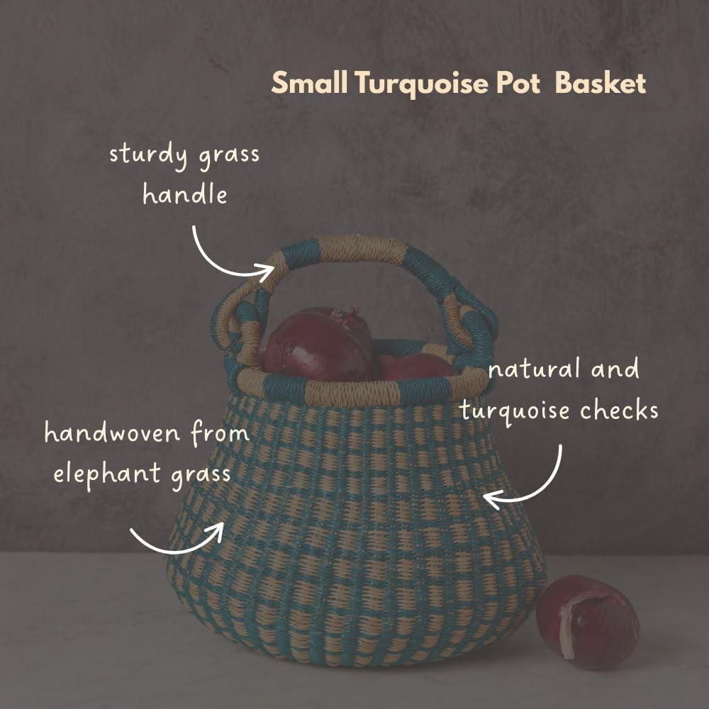 Kitchen Decor, Kitchen Storage, Fruit Bowl, Wicker Basket, Woven, Shelf Decor, Decorative Bowl, Harvestng Basket, Boho, African, Bolga, Pot Shape, 9" W, Small, Turquoise