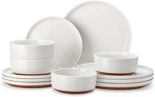MALACASA Plates and Bowls Sets, 12 Pieces Modern Stoneware Dinnerware Set for 4 Kitchen Dinner Set Ceramic Dishware Dishes Set Microwave and Dishwasher Safe, White, Series TARA