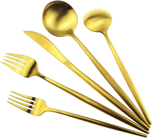 Gugrida Gold Flatware, Royal 20 Piece Luxury Matte Finish 18/10 Stainless Steel Tableware Sets for 4 Including Forks Spoons Knives, Camping Silverware Travel Utensils Set Cutlery (Gold)