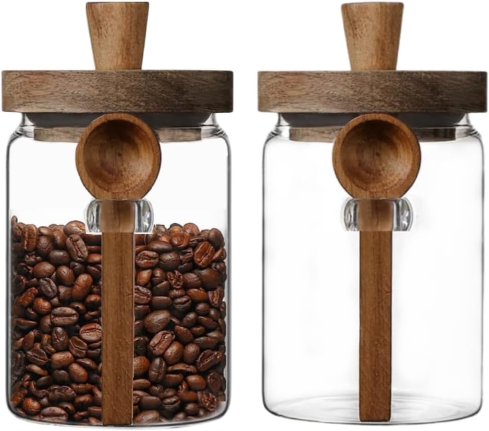 ANSQU Set of 2 Glass Food Storage Jars with Bamboo Wood Lid and Spoon, 20.3oz Glass Kitchen Canisters for Coffee, Tea, Cereal, Spice and Canning, Mason Jars, Cute Jar